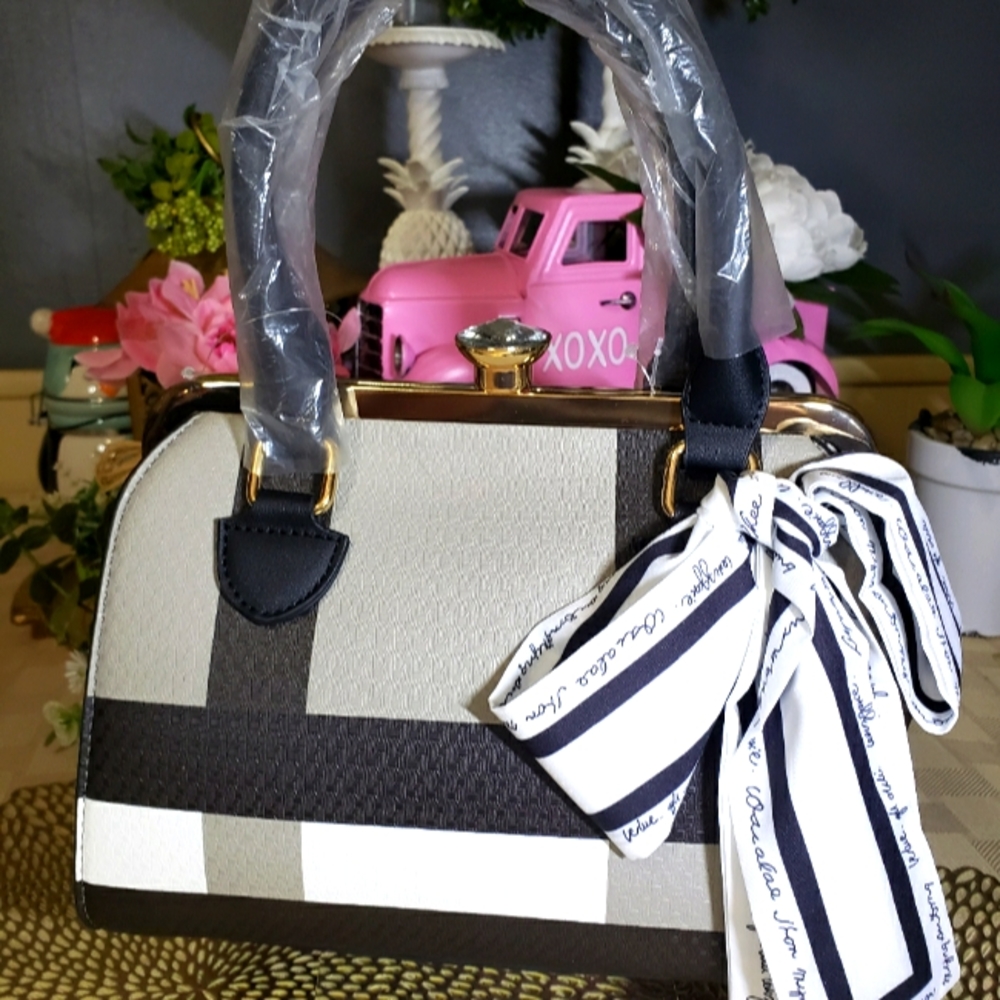 Designer top handle purse with diamond clasp and scarf